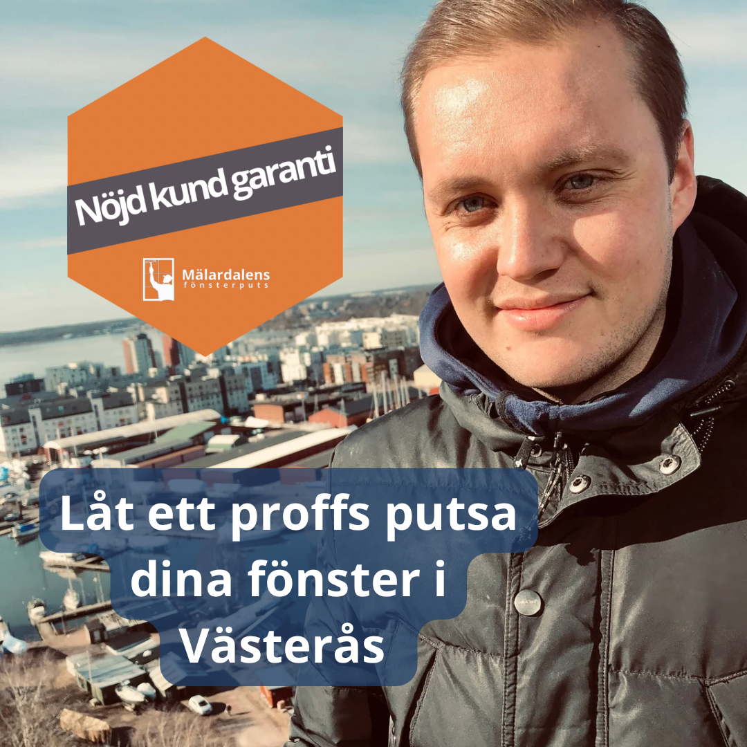 Bilden fångar en scen där en lokal fönsterputsare noggrant putsar fönstren på en byggnad vid Mälarens strand i Västerås. Fönsterputsaren, klädd i en professionell arbetsuniform och med verktyg i handen, står på en fasadhiss och arbetar med stor precision och noggrannhet. Solens strålar speglar sig i Mälarens lugna vatten, vilket ger en vacker bakgrund till scenen och ger en tydlig känsla av platsen, Västerås. Fönstren börjar klarna upp och avslöjar den vackra utsikten över den lugna sjön och den omgivande naturen som är karakteristisk för staden. En känsla av lokal service i Västerås, vilket framhäver den professionella fönsterputsningstjänsten som erbjuds med omsorg och uppmärksamhet på detaljer, mitt i den vackra staden Västerås.